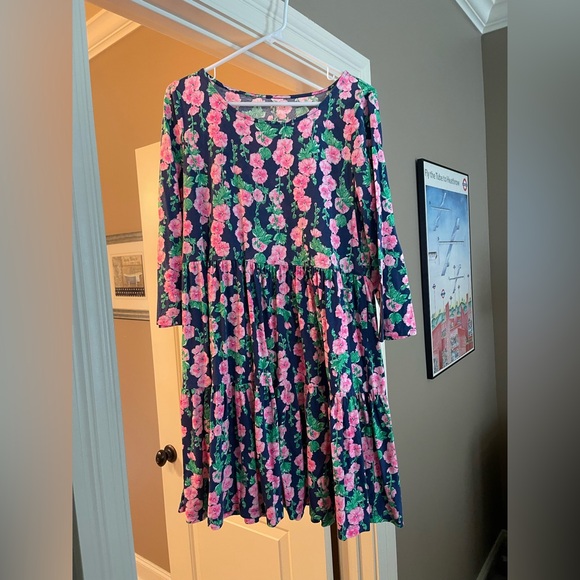 Floral Kids Dress - Pink and Green on Blue - Picture 1 of 1